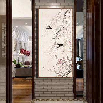 
                                                            天顶山 新中式玄关装饰画 竖版走廊壁画风景国画墙画酒店会所燕子风水画挂画 掌柜推荐+品质保证+手工装裱 50*105cm                