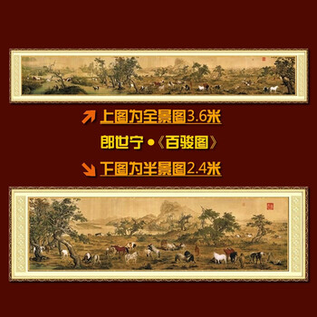 
                                        十字绣客厅新款马到成功 郞世宁百骏图书房办公室会议大厅 进口古绢布  棉线印花尺寸240X75 CM满绣版                