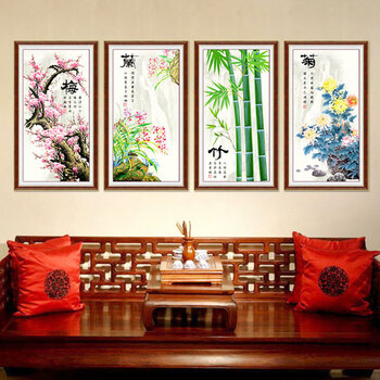 
                                                            K-S梅兰竹菊十字绣精准印花客厅大画新款客厅四联画现代中式印花十字绣 11CT丝线印花整套83*47                