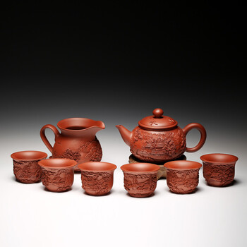 
                                        尊壶 茶具套装紫砂壶整套茶具功夫茶具套装宜兴原矿浮雕山水紫砂茶壶礼盒装 朱泥套装                