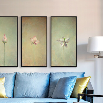 
                                        墙蛙wallwa 现代简约客厅装饰画荷花三联有框画中式玄关挂画竖版茶室画 荷韵辛春成 一套三幅 外框尺寸42cm*82cm                