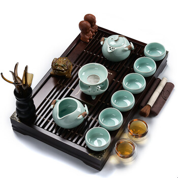 辰艺 定窑茶具套装 整套功夫茶具实木茶盘茶海茶台茶艺 整套紫砂功夫茶具套装 定窑青瓷小兰香实木 安全包装