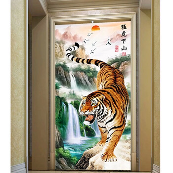 
                                        免烫树脂精准印花竖版钻石画 猛虎下山 上山虎下山虎老虎客厅新款 绚艺正品 1米8钻石画 方钻满贴                