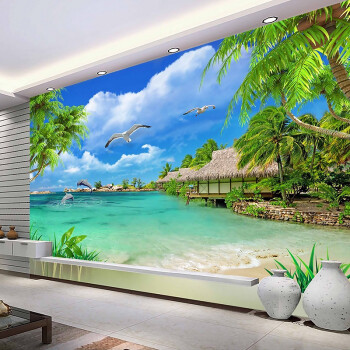 3d蓝天白云壁画客厅沙发墙海滩椰树风景画墙纸影视墙无缝环保壁画定制