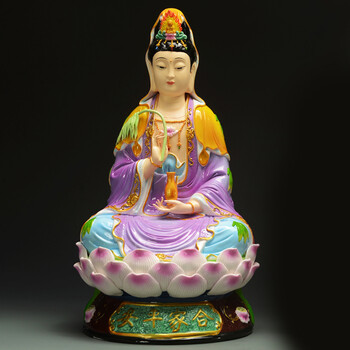 力峰德化陶瓷观音菩萨佛像观世音风化木根雕原生态家居会所客厅风水摆件保平安开光镇宅装饰品用品 16寸合家欢彩绘无木底座