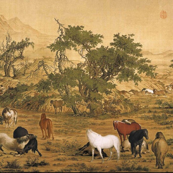 
                                        青藤紫萱 百骏图十大经典名画  印花十字绣套件 半景图11CT棉线241*74cm满绣--白底                