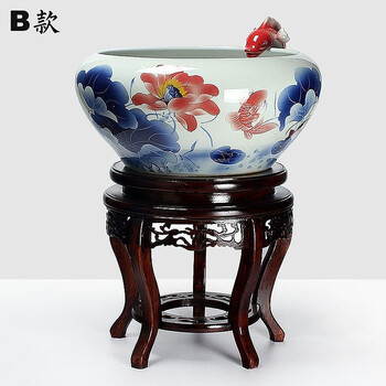 
                                        养荷花 水箱族包邮 景德镇陶瓷金鱼缸  手绘清荷过滤喷水风水乌龟缸 榆木底座风水摆件 D款                