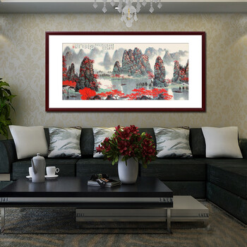 
                                        KINGART  现代中式风景有框画 客厅沙发背景墙挂画 国画 字画家居办公室装饰  G10 旭日东升 50*100(挂卧室)                