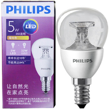飞利浦PHILIPS LED灯泡 小球泡 5W E14小螺口2700K暖白色黄光 透明 单支装