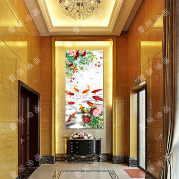 曼丽 油画喷绘装饰画玄关过道中式风景吉祥画竖版九鱼图年年有余 如图1 80*160cm