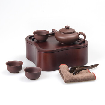 百科 紫砂快客杯一壶三杯 宜兴手工紫砂壶实木茶盘 便携车载茶具