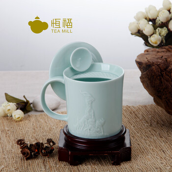 恒福茶具景德镇陶瓷带过滤茶杯子办公杯个人杯包邮五羊送福自在杯
