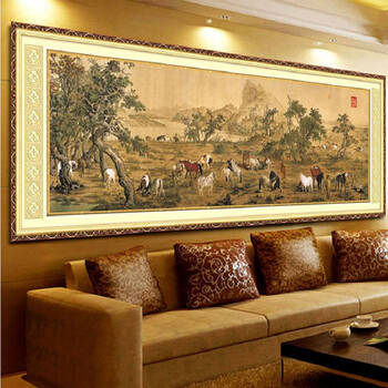 
                                        青藤紫萱 百骏图十大经典名画  印花十字绣套件 半景图11CT棉线241*74cm满绣--白底                