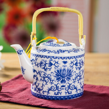 陶锦玉景德镇陶瓷茶具套装7头带提手青花描金功夫茶具大凉水壶茶壶茶杯送茶盘企业定制礼品 缠枝莲 定型包装