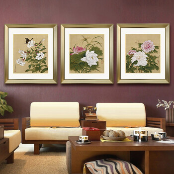 
                                        吉运来客厅装饰画三联壁画卧室床头挂画现代中式有框墙画餐厅玄关办公室国画 金玉满堂-香槟银 60*70cm三件套                