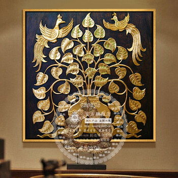 
                                        驿尚东南亚泰式金箔画客厅装饰画玄关壁炉油画书房有框壁画挂画 古棕金 120*120CM                
