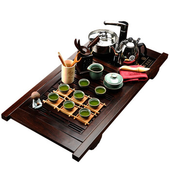 
                                        束氏 黑檀实木茶盘功夫茶具茶壶整套茶具四合一快速炉 哥窑黑檀平板套装003817                