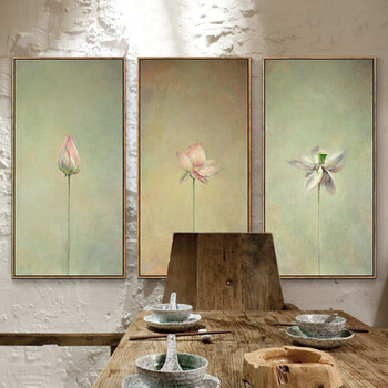 
                                        墙蛙wallwa 现代简约客厅装饰画荷花三联有框画中式玄关挂画竖版茶室画 荷韵辛春成 一套三幅 外框尺寸42cm*82cm                