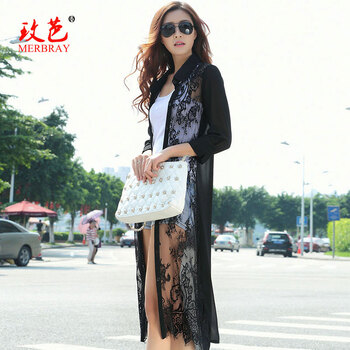 玫芭2014新款韩版<em>长款</em>七分袖<em>雪纺开衫</em>拼接蕾