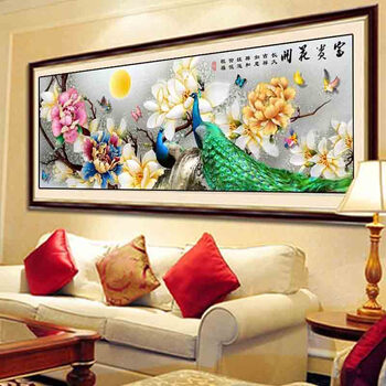 
                                                            KS十字绣官方旗舰店客厅新款大幅花开富贵荣华孔雀风景画1.5米2米2.35米 【丝线定制】9740富贵孔雀200X75CM三股绣                