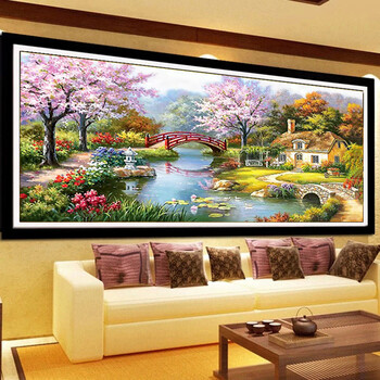 
                                        十字绣客厅新款欧式风景油画花园小屋精准印花大幅十字绣 3股线绣 棉线小版 尺寸150X80 CM                