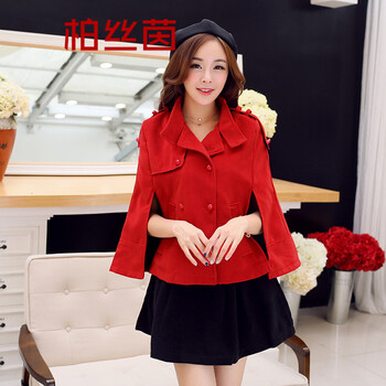 016秋冬英伦风呢子斗篷外套红色毛呢风衣外套