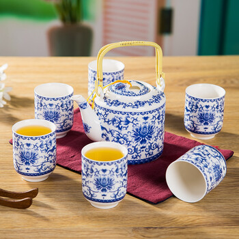 陶锦玉景德镇陶瓷茶具套装7头带提手青花描金功夫茶具大凉水壶茶壶茶杯送茶盘企业定制礼品 缠枝莲 定型包装