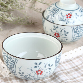 山田烧米饭碗 陶瓷碗带盖(4.5英寸)手绘釉下彩日式带盖面碗(2只装) 五瓣花