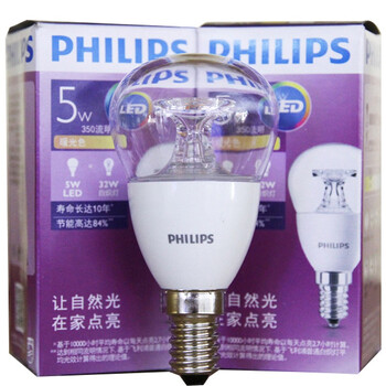 飞利浦PHILIPS LED灯泡 小球泡 5W E14小螺口2700K暖白色黄光 透明 单支装