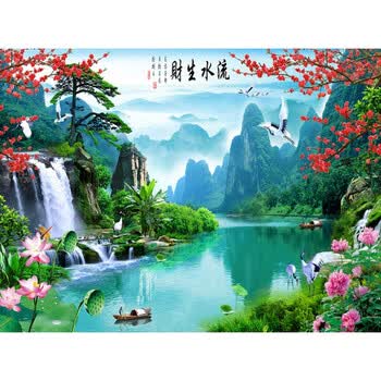 开心孕 3d立体中式电视背景墙壁纸客厅风景画墙布迎客松壁画墙纸山水