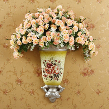 
                                        欧式陶瓷壁挂花瓶花插壁饰墙饰田园家居墙壁装饰品客厅背景墙挂饰ZYY H款花瓶带花                