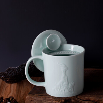 恒福茶具景德镇陶瓷带过滤茶杯子办公杯个人杯包邮五羊送福自在杯