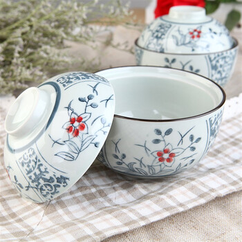 山田烧米饭碗 陶瓷碗带盖(4.5英寸)手绘釉下彩日式带盖面碗(2只装) 五瓣花