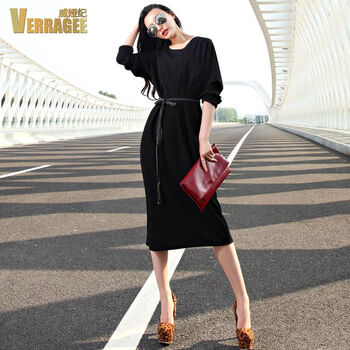 
                                        威娅纪VERRAGEE2017早秋欧美气质宽松针织中长款打底连衣裙长裙女 玫红色 M                