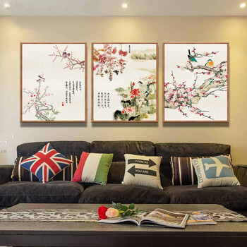 
                                        天顶山 新中式客厅装饰画国画花鸟沙发背景墙画有框三联画书房办公室挂画玄关画 简约中式三联 木纹框 50*70CM                