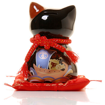 招财猫摆件 中号陶瓷黑色猫存钱罐储蓄罐 店铺开业办公室家居创意礼品节庆饰品 笑福猫