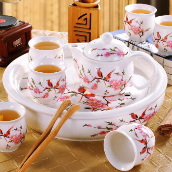 洛威  景德镇茶具套装整套陶瓷茶壶茶杯 青花瓷 双层带茶盘 L477的水点桃花(共8个杯子)