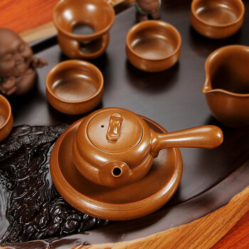 南埕 黑檀茶盘天然整块实木茶盘 汝窑陶瓷整套功夫茶具套装茶海台 套餐01黑檀老树新生-粗陶侧把壶套装