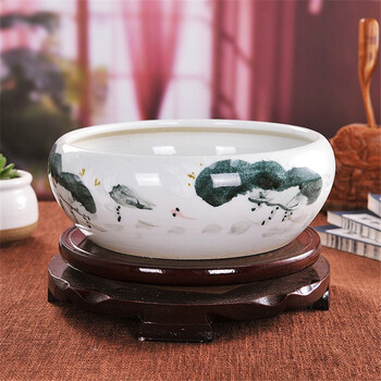 
                                                            景烨景德镇工艺品陶瓷器鱼缸水仙花盆家居饰品客厅艺术品摆件 墨绿睡莲 大号肚径42高18                