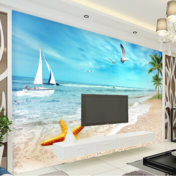 易品现代风景3D无缝大型壁画墙纸海滩墙贴客厅沙发电视背景墙新房装修定制 无缝壁画 瑞雪墙布