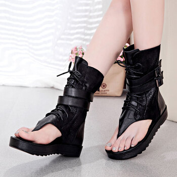 2014新款女鞋欧美皮带扣罗马高帮凉靴厚底坡