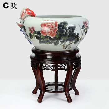 
                                        养荷花 水箱族包邮 景德镇陶瓷金鱼缸  手绘清荷过滤喷水风水乌龟缸 榆木底座风水摆件 D款                