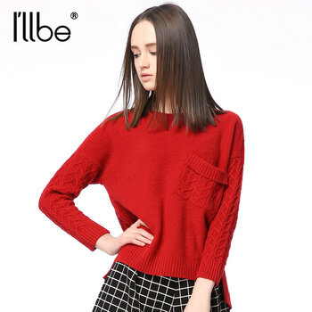 illbe2015秋装新款韩版宽松圆领套头针织衫毛衣女前短后长短款 红色 L