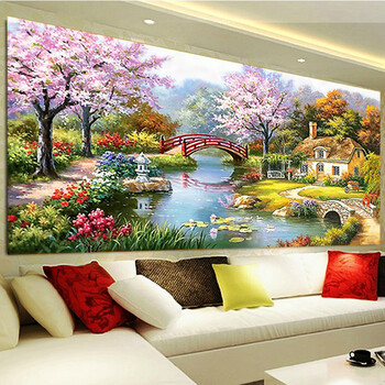 
                                        十字绣客厅新款欧式风景油画花园小屋精准印花大幅十字绣 3股线绣 棉线小版 尺寸150X80 CM                