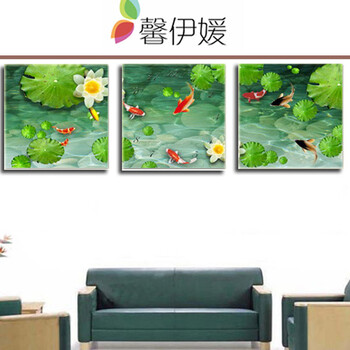 
                                        馨伊媛 中国风三联画/挂钟挂画/无框画挂钟 鲤鱼荷花 静音扫描 XYY57                