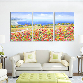 
                                        山迪 手绘油画客厅装饰画挂画壁画沙发背景墙画地中海风景画花海 红色50X70cm三联画                