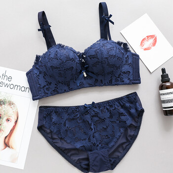 内衣套装女文胸无钢圈聚拢性感蕾丝胸罩薄款四角杯少女文胸套装 深