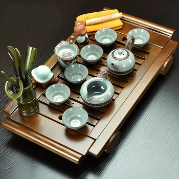 
                                        唐丰 原木柯木整套功夫茶具套装 实木茶盘 仿汝窑茶壶茶海茶道 玲珑镂空陶瓷礼品1839 云书霞卷仿哥窑茶老头套装                