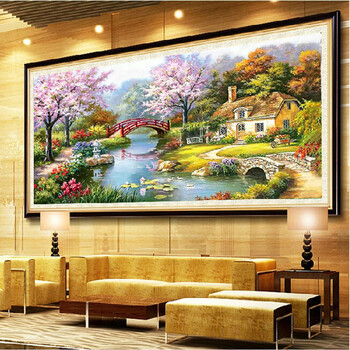 
                                        十字绣客厅新款欧式风景油画花园小屋精准印花大幅十字绣 3股线绣 棉线小版 尺寸150X80 CM                