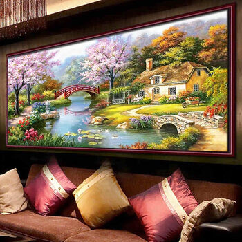 
                                        十字绣客厅新款欧式风景油画花园小屋精准印花大幅十字绣 3股线绣 棉线小版 尺寸150X80 CM                